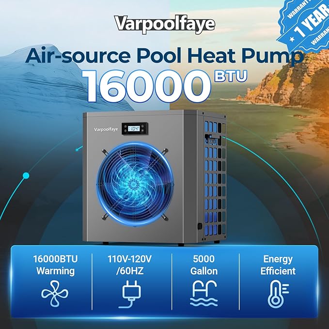 16000BTU Swimming Pool Heat Pump, 5000 Gallon Electric Pool Heater Above and Inground Pool,WiFi App Control, Heating or Cooling Pool Heater 120V/60Hz