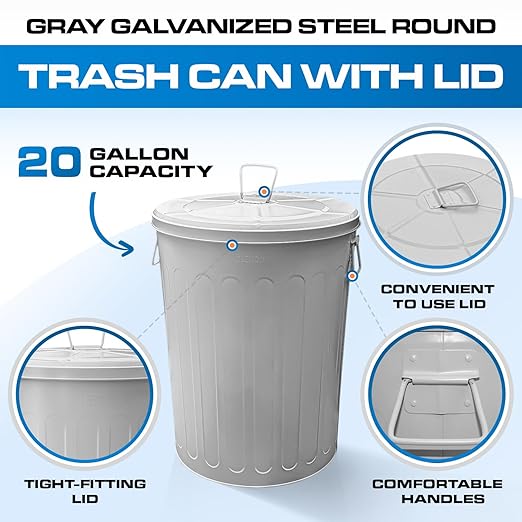 Plexon 20 Gallon Metal Trash Can with Lid Outdoor Large Trash Bin Steel Garbage Can for Garage Patio Farmhouse Bucket Bird Seed Storage Can Heavy Duty Round Container, Gray 3 Pack