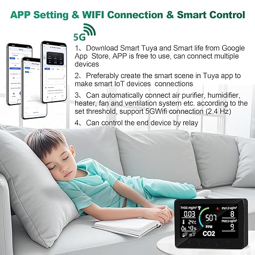 12 in 1 Air Quality Monitor Indoor, with WiFi and APP,Air Quality Tester for Home,Air Quality Meters for CO2,TVOC,PM1.0,PM2.5,AQI,Temperature and Humidity,Detector for Home,Office (Black)