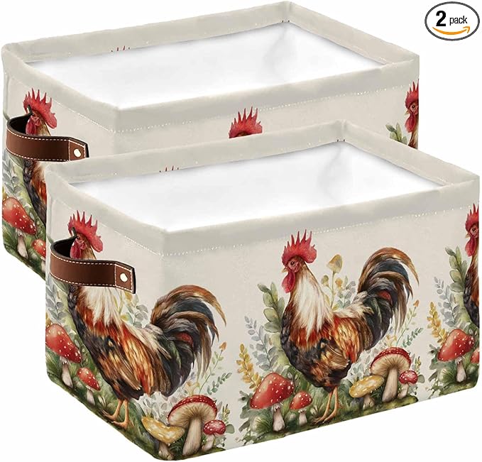 Farmhouse Rooster Storage Bins Cubes Waterproof Cloth Storage Basket, Rustic Farm Mushroom Eucalyptus Leaves Foldable Storage Bags for Shelf Closet Clothes Organizers with Handles 15x11x9.5 in 2PCS