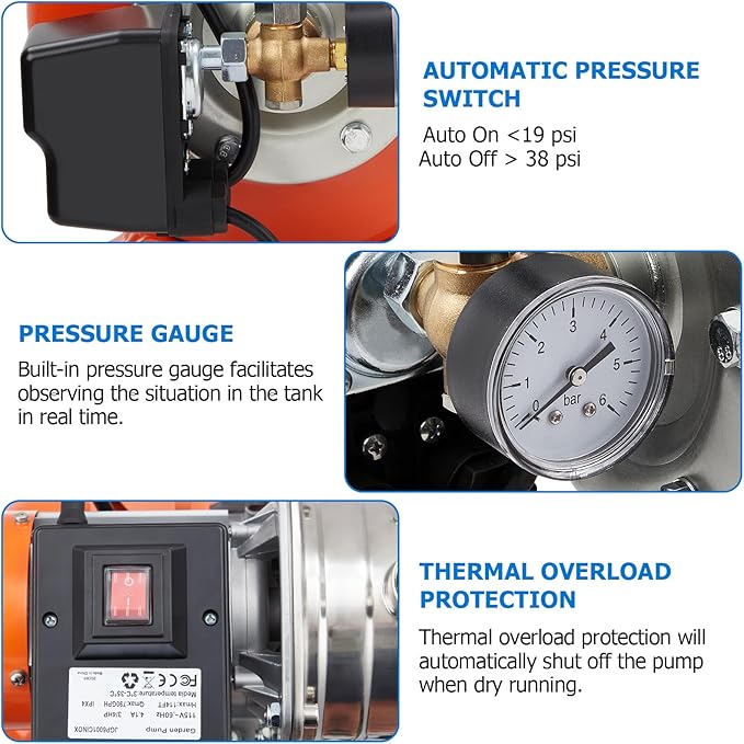 3/4HP Shallow Well Pump with Pressure Tank, Stainless Steel, 115V Automatic Water Booster Jet Pump for Home, Garden, Lawn