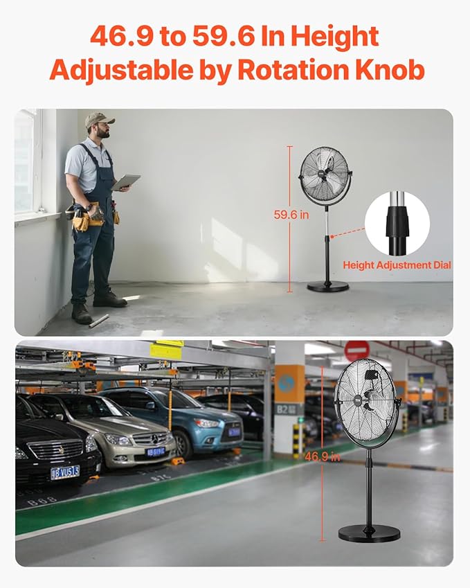 VEVOR Industrial Pedestal Fan, 20 Inch Standing Fan with 46.9 to 59.6 Inches Adjustable Height, Floor Fans with 3 Adjustable Speeds, High Power Room Fans for Office, Black