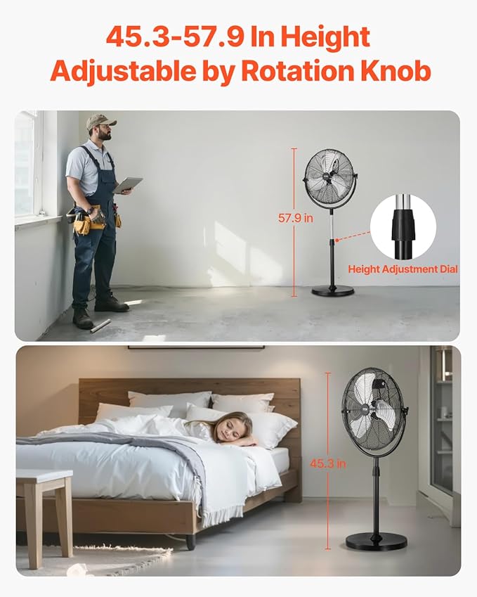 VEVOR Industrial Pedestal Fan, 18 Inch Standing Fan with 45.3 to 57.9 Inches Adjustable Height, Floor Fans with 3 Adjustable Speeds, High Power Fans for Living Room, Home, Office, Black