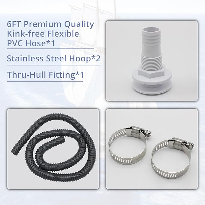 HXH 12V 1100GPH Automatic Submersible Boat Bilge, with PVC Bilge Pump Hose 1-1/8-Inch, 2PCS Stainless Steel Hose Clamps and Thru-Hull Fitting Set, for Marine, Yachts, Live Well Pump Kit
