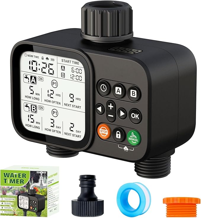 Sprinkler Timer for Garden Hose, 2 Zone Water Timer with with Auto Rain Delay, IP54 Waterproof 3.3“ Large LCD Drip Irrigation System Timers for Plant, Yard, Lawns, Outdoor