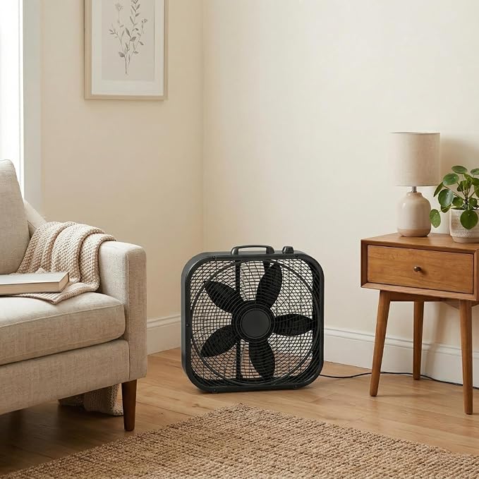 20-Inch Box Fan with Weather-Resistant Motor, 3-Speed Floor and Window Cooling Fan with Plastic Frame, Portable Carry Handle, 72-Inch Cord for Bedroom, Garage, Dorm, Black