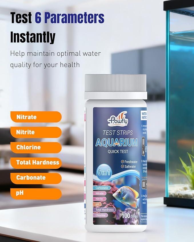 Pawfly 100 Pcs Aquarium Test Strips 6 in 1 Digital Water Testing Kit, Fish Tank Testing Strips for pH Nitrate Nitrite Chlorine Total Hardness & Carbonate, Fresh/Salt Aquarium Water Test Kit