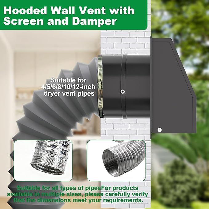 10 Inch Hooded Wall Vent with Screen and Damper, Outdoor Wall Exhaust Vent Cover Cap for Residential Housing Kitchen Rangeand Outside Air Exhaust, Galvanized Steel,Widely Applicable, Black
