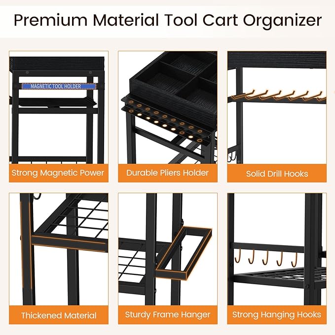 Snughome 4-Tier Tool Organizer Cart with Magnetic Tool Holder Strip, Tool Rack for Garage 300 lbs Heavy Duty Utility Rack for Workshop, Rolling Power Drill Holder & Tool Storage Cart, Gift for Men