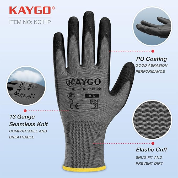 KAYGO Work Gloves for Men and Women,12 Pairs Seamless Knit PU Coated Safety Gloves, with Smooth Grip on Palm and Fingers, Ideal for Light Warehouse, Manufacturing, Gardening, KG11P (M,Gray)