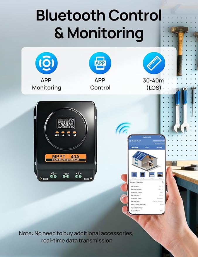 ECO-WORTHY MPPT Solar Charge Controller 40A with Bluetooth, 12V/24V Auto, LCD Display, Compatible with LiFePO4 Gel SLA Battery, Lithium Battery Activation for Solar Panels
