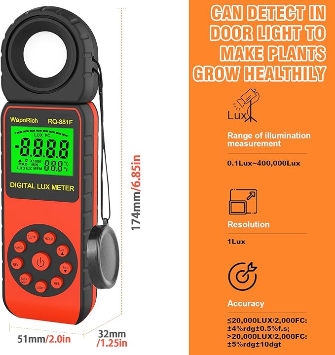 Light Meter, Illuminance Meter RQ-881F to Measure Light, Max Value Display 3999(Ranges: 1-400,000Lux), 270º Rotated Sensor, Back Light, Data Storage-Orange