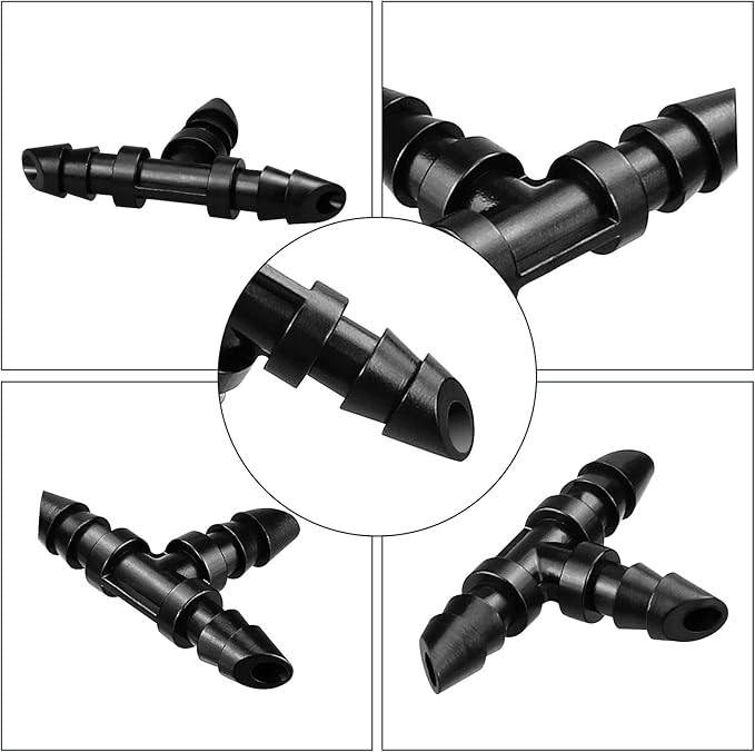 70 Pack Barbed Tee Fittings, 1/4" Drip Tubing, Black, Plastic, Irrigation Fitting, HOSE PIPE FITTING, Barb Tee, 1/4 inch