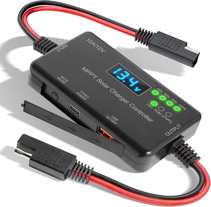 10A MPPT Solar Charge Controller 12V, 30V Max VOC | 22W Type-C & 18W USB Fast Charging | LCD, Multi Protection | Compatible with LiFePO4, AGM, Gel | for RV, Solar Shed Off Grid System