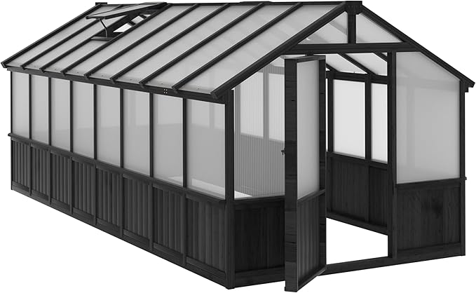Yardenaler 8x16 FT Greenhouse for Outdoor, 6MM Thick Polycarbonate Panel Wooden Walk-in Green House with Adjustable Roof Vents and Lockable Door, Backyard Garden, Black