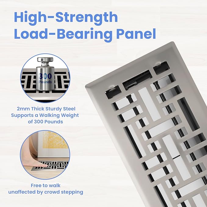 Howeall 4x10 Inches 2 Pack Heavy Duty Walkable Floor Register Easy Adjust Air Supply Lever Floor Vents - Seattle Design - Vent Cover for Home Floor - Satin Nickel