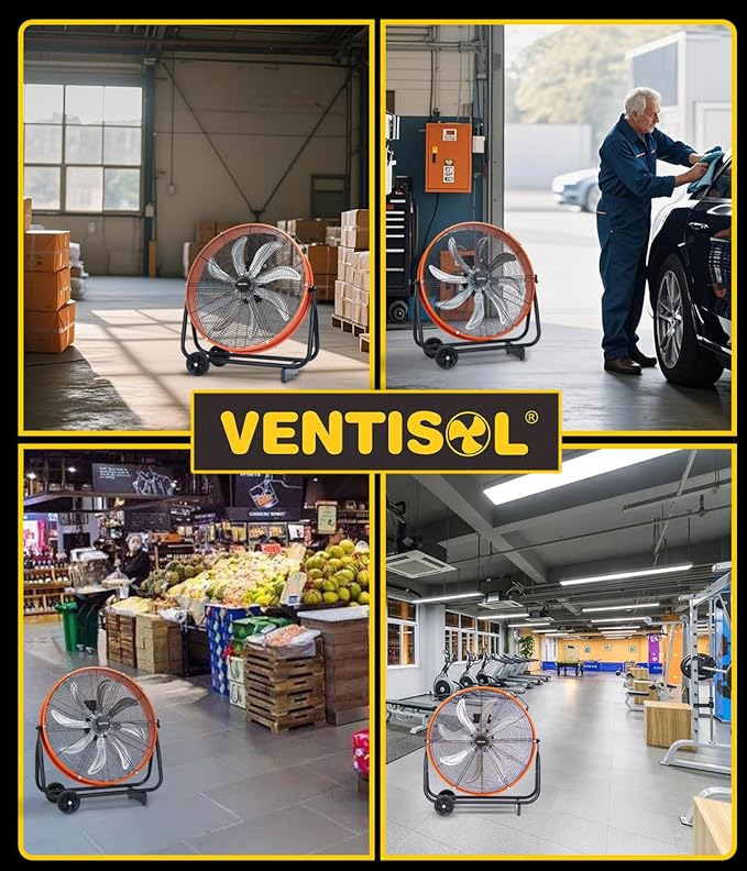VENTISOL 24 Inch Industrial Floor Fan, 3-Speed High Velocity Shop Fan with 8 Blades, Heavy Duty Drum Fan 9500 CFM, Large Metal Garage Fans for Warehouse, Outdoor, Commercial