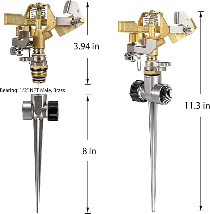 Triumpeek 2 Packs Impact Sprinkler on Spike Base, Heavy Duty Brass Water Sprinkler Head with Aluminum Alloy Stand, Adjustable 360 Degree Large Area Irrigation Sprinkler for Yard Lawn Patio Garden