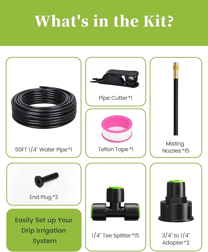 RAINPOINT 50FT Drip Irrigation System, Garden Watering Kit with 15pcs 360°Adjustable Copper Nozzles, Automatic Atomizing Watering Sprinkler System for Greenhouse, Lawn, Raised Beds, Outdoor Plants