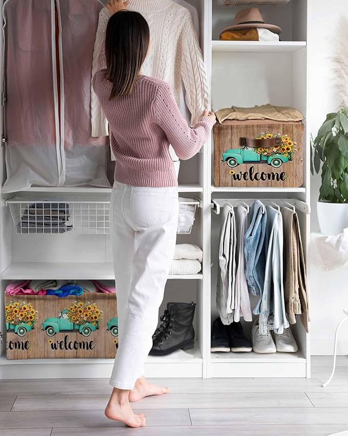 Country Sunflowers Storage Bins Cubes Waterproof Cloth Storage Basket, Welcome Rustic Truck Floral Farm Brown Foldable Storage Bags for Shelf Closet Clothes Organizers with Handles 15x11x9.5 in 2PCS