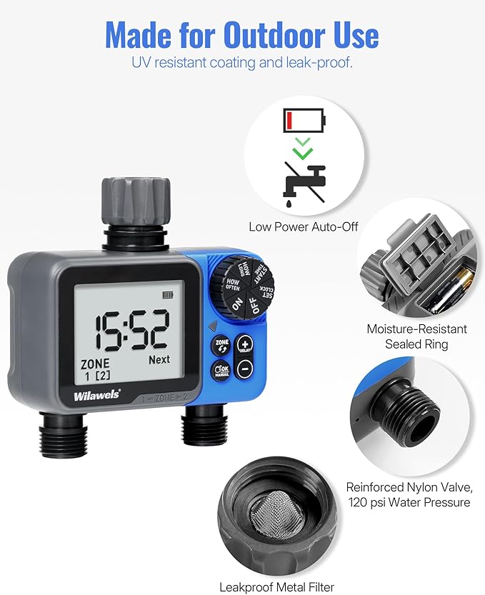 Water Timer for Garden Hose, 2 Zone Sprinkler Timer, Automatic Irrigation System/Rain Delay/Manual Watering, Programmable Watering for Lawn, Yard, Drip Irrigation C12WT06