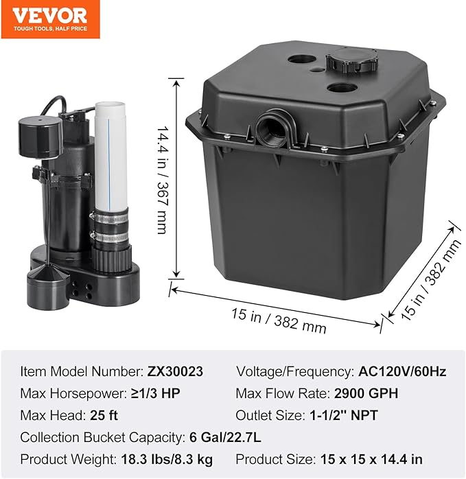 VEVOR Utility Sink Pump, 1/3 HP, 120-Volt, 2900 GPH Flow, 25 ft Head, Under-Sink Sump Pump System with 6 Gallon Basin, for Automatic Utility/Laundry, Drain Pump with 1-1/2" NPT Outlet, Black