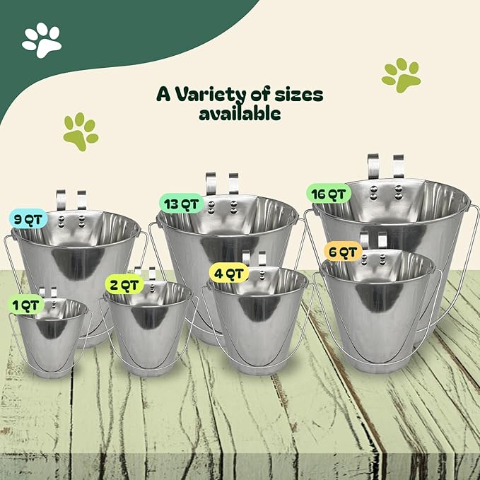 9 Quart Stainless Steel Bucket with Dual Hook | Perfectly Fits on Kennels, Cages and Critter Crates | Heavy Duty Bucket for Pets Cleaning & Food Prep - Flat Sided Pail