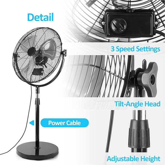 BEESTAR 20 Inch Heavy Duty High Velocity Pedestal Fan,Industrial Standing Fan with Adjustable Height and Tilt,3-Speed,Metal Fan for Industrial, Commercial, Residential, Greenhouse,Black