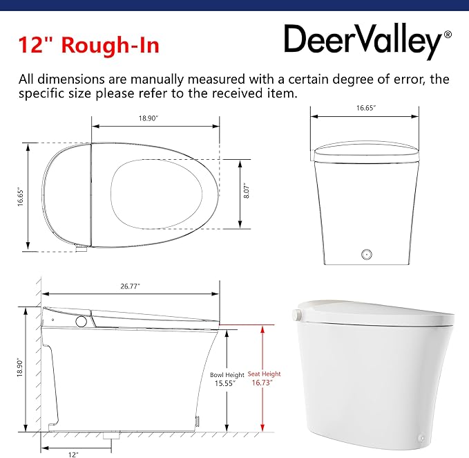 DeerValley Smart Toilet with Built-in Heated Seat, Powerful Auto Flushing and Auto Open/Close Lid, 1.28 GPF & MaP 1000g, Adjustable Seat Temp, Night Light, DV-1S0150-V3
