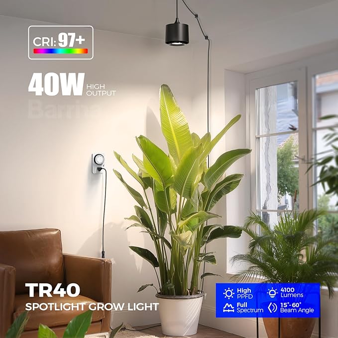 Barrina TR40 Hanging Grow Lights for Indoor Plants, 4000K Full Spectrum 40W, Adjustable Beam Angle 15°-60°, High PPFD, Mechanical Timer, Plant Lights for Indoor Growing for Large Tall Plants, Black