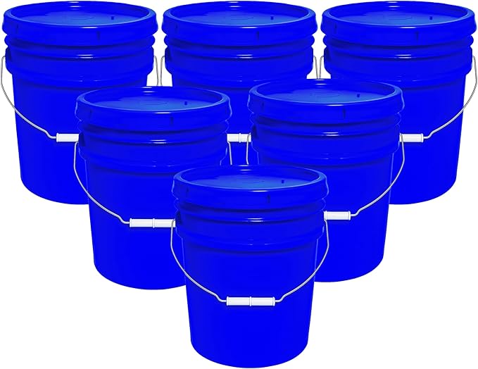 MKS Plastics 5-Gallon Bucket with Airtight Lid – Made in USA, Food Grade BPA Free Plastic, Heavy Duty Multi-Use, Metal Handle with Grip, Stackable Storage – Blue, 6 Pack