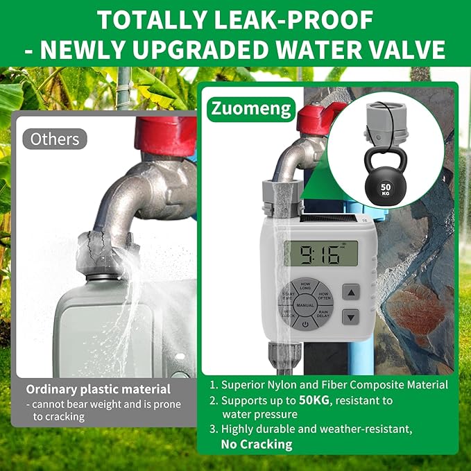 Hose Timer, Zuomeng Water Timer for Garden Hose with Dual Power Design, Leak-Proof Design, Smart Irrigation System with Rain Delay, Auto & Manual Modes for Lawn and Garden Watering, Gray