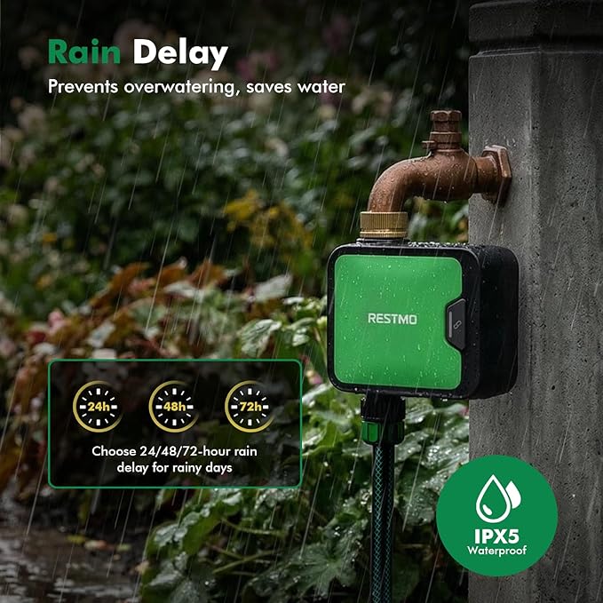 RESTMO Smart WiFi Water Timer for Garden Hose, Sprinkler Timer with APP Control & Brass Inlet, Rain Delay/Manual/Automatic Watering System, Quantity or Timed Irrigation Modes for Misting, Garden