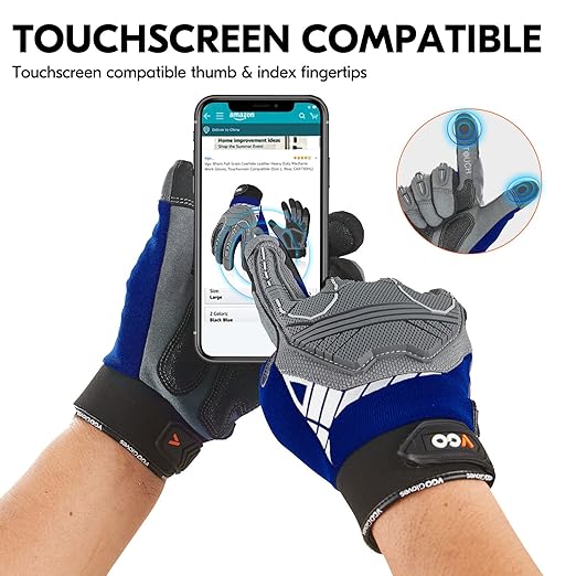 Vgo... 1-Pair Heavy Duty Synthetic Leather Work Gloves, Impact Protection Mechanic Gloves, Rigger Gloves, Vibration Reduction, Touchscreen Capable (Size L, Blue, SL8849)