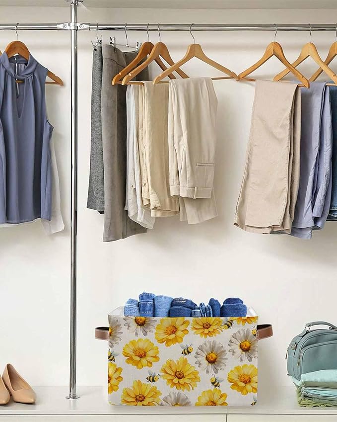 Golden Gray Chrysanthemum Storage Bins Cubes Waterproof Cloth Storage Basket,Farmhouse Bees Floral Rustic Foldable Storage Bags for Shelf Clothes Storages Organizers with Handles 15x11x9.5 in 2PCS