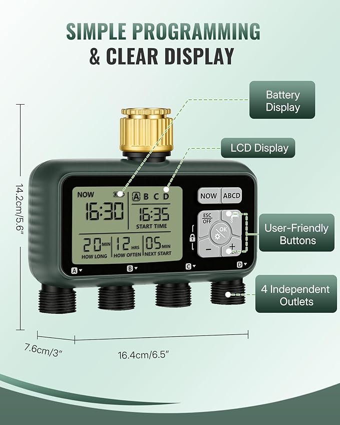 4 Zone Brass Sprinkler Timer, Garden Hose Timer, Automatic Irrigation System, Programmable Faucet, 4 Outlets, with Rain Delay, Manual Mode,Child Lock, for Yard, Garden, Lawn, Green E14WT06