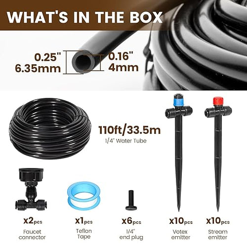 110FT Quick-Connect Drip Irrigation Kit, Garden Watering System DIY Automatic Irrigation Equipment Set for Lawn Raised Bed Greenhouse Plant Watering with 1/4'' Tubing, Drip Emitters, Connectors