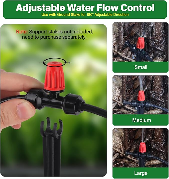 Kalolary 30Pcs Push-to-Fit Drip Irrigation Spray Emitters for 1/4" Tubing,Three-Way Adjustable Atomizing Nozzle Micro Irrigation Dripper Sprinklers with 6PCS End Plugs for Irrigation System(Red)