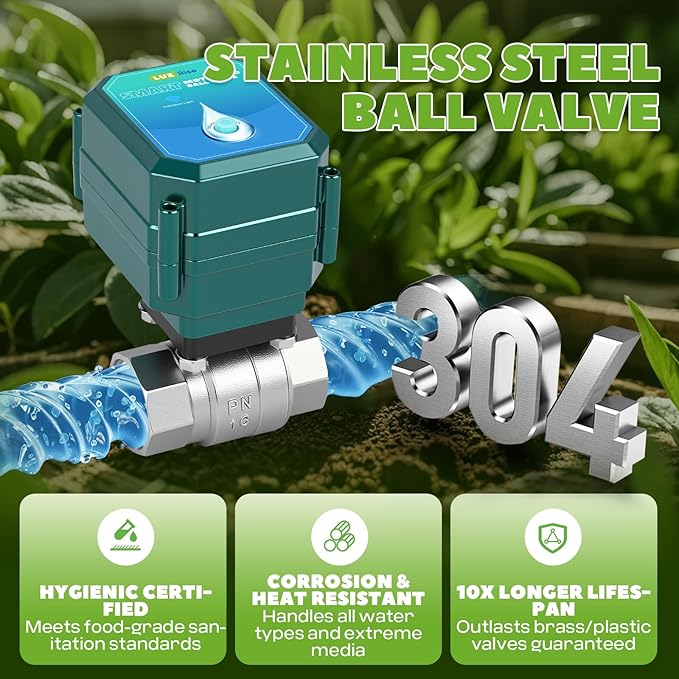 Smart Motorized Ball Valve with Remote Control- Automatic Water Shut-Off, 0-100% Adjustable Flow, Programmable Timer, Real-Time Monitoring (Stainless Steel, DN25 (1''))