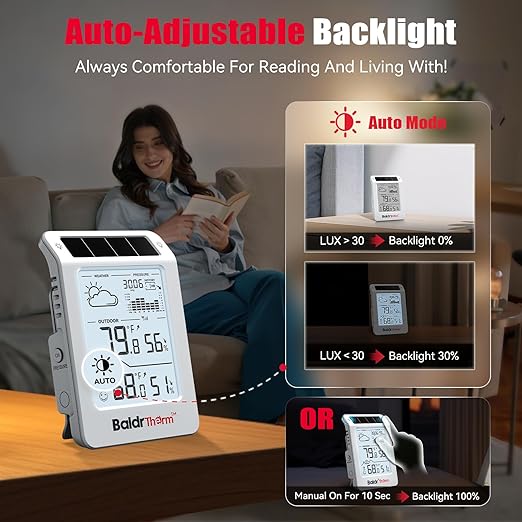BaldrTherm Outdoor Indoor Thermometer Wireless Weather Station, Dual-Zone Childroom Temp Humidity Monitor, Auto Smart Backlight,Temp/Humidity/Barometric Trend Visualization, White&White