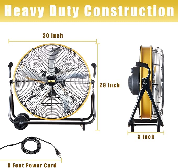 HiCFM 7800 CFM 24 inch High Velocity Internal Oscillating Barrel Floor Fan with Powerful 1/4 Motor, 9ft Power Cord for Workshop, Garage, Commercial or Industrial rooms - UL Safety Listed
