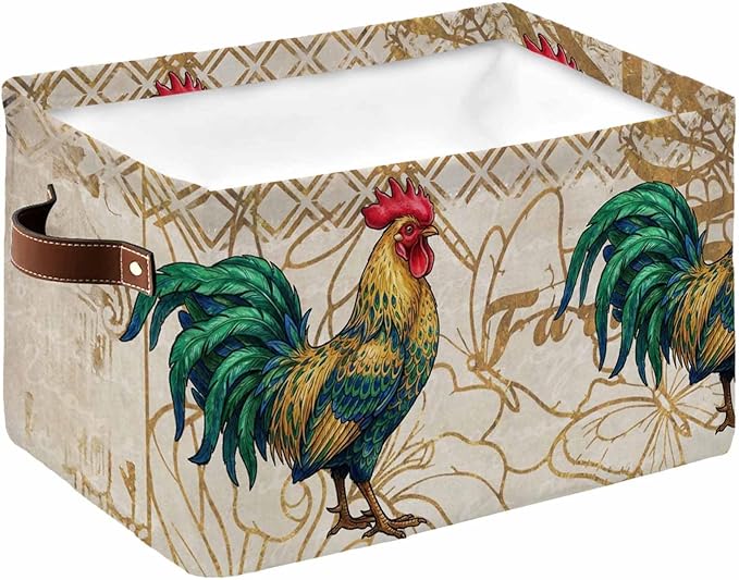 Vintage Rooster Storage Bins Cubes Waterproof Cloth Storage Basket, Elegant Retro Animals Farmhouse Foldable Storage Bags for Shelf Closet Clothes Storages Organizers with Handles 15x11x9.5 in 1PCS