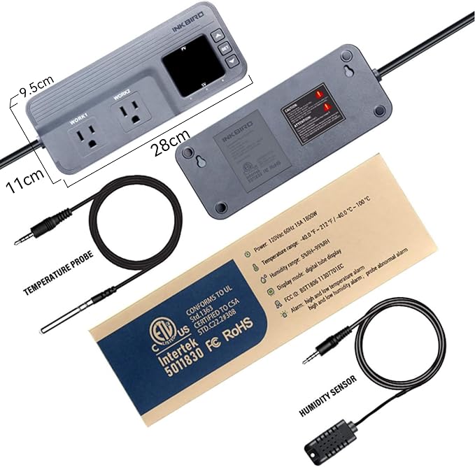Inkbird Temperature and Humidity Controller ITC-608T Pre-Wired Dual Stage Thermostat 120VAC 15A 1800W ETL Listed Mushroom Greenhouse Homebrew