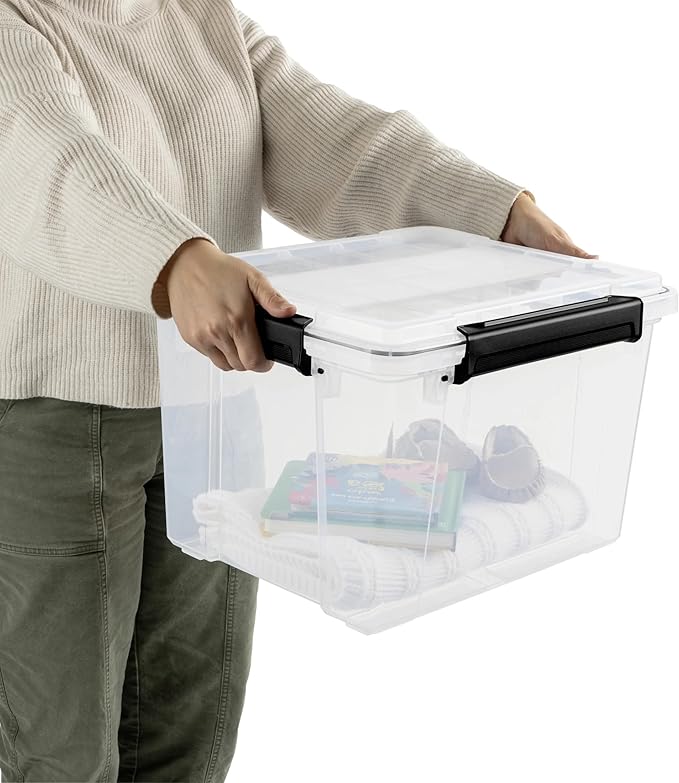 34 Quart Small Gasket Container, IP68 Waterproof Clear Plastic Storage Bin with Lid, Heavy Duty Latches and Rubber Seal, Black