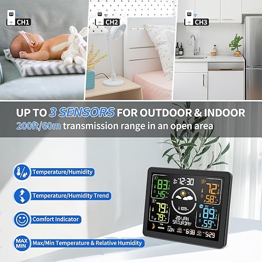 Weather Stations Wireless Indoor Outdoor Thermometer with Multiple Sensors, 7.5" VA Display Weather Forecast Station with Atomic Clock, Temperature, Humidity and Adjustable Backlight for Home