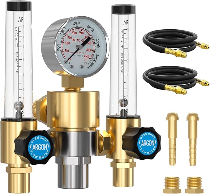 BETOOLL Dual Output Argon Regulator - MIG/TIG Flow Meter Gas Gauge with 2PCS 6.6 Feet Hoses, 0-60 SCFH, 0-4500 PSI, CGA580 Inlet Connection for Argon/CO2