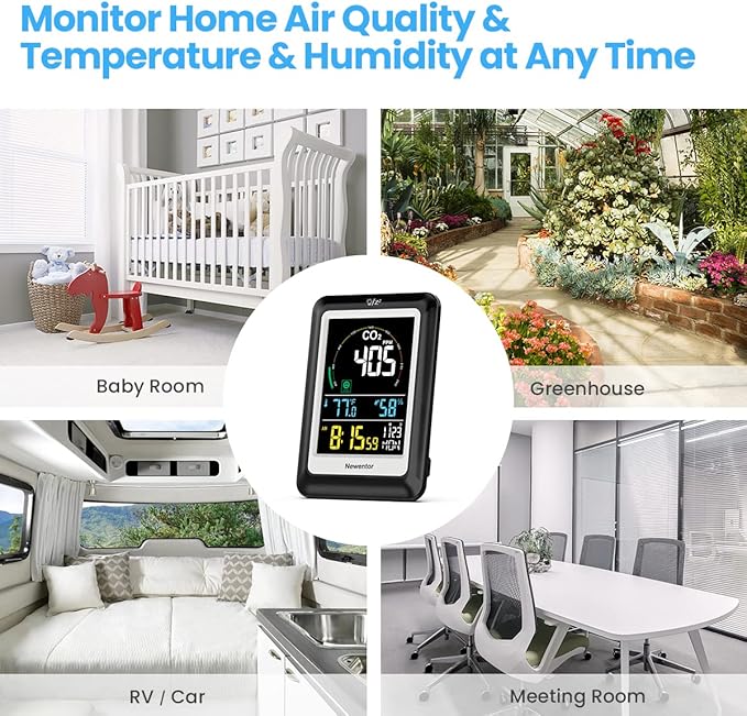 Newentor CO2 Monitor, Indoor Air Quality Meters, Carbon Dioxide Detector with Voice, Large Display CO2 Tester, Temperature Humidity Sensor, Alarm Clock for Home, RV, Grow Tents, Black