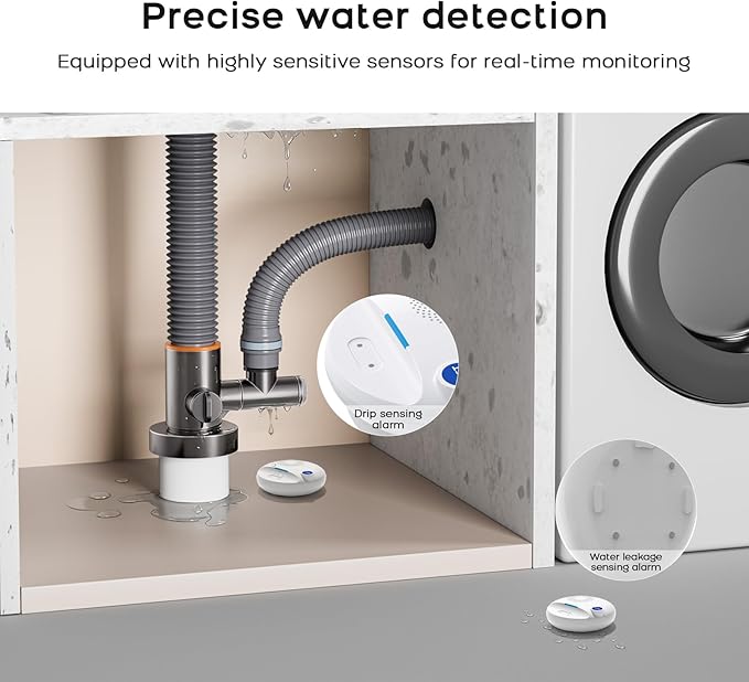 PGST WiFi Water Leak Detectors,Wireless Water Leak & Drip with 100dB Adjustable Alarm,for Smart Life Tuya APP Control & Instant Alerts,for Basement, Bathroom,Laundry,Kitchen,Sink,2.4G WiFi Only