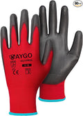 KAYGO Work Gloves for Men and Women, 60 Pairs Seamless Knit PU Coated Safety Gloves, with Smooth Grip on Palm and Fingers, Ideal for Light Warehouse, Manufacturing, Gardening, KG11P (M, Red)