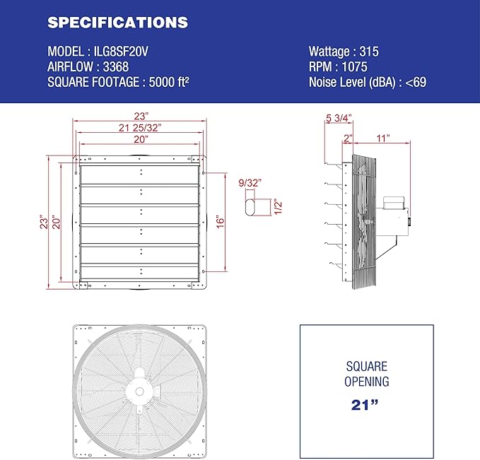 iLiving New Upgraded 20" Wall Mounted Exhaust Fan - Automatic Shutter - Variable Speed - Vent Fan For Home, Attic, Shed, or Garage Ventilation, 115V, 2.2A, Silver